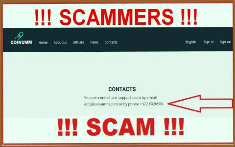 Coinumm Com phone number is listed on the scammers site
