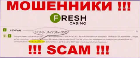 Лицензия, которую обманщики Fresh Casino представили на своем интернет-сервисе