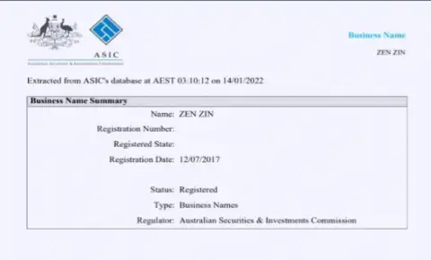 Юридическая информация о регистрации организации Zineera