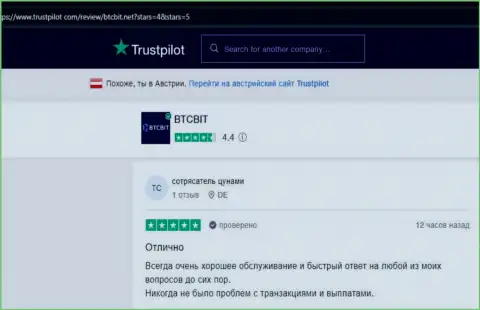 Об надёжности компании БТЦБит в честных отзывах пользователей, представленных на сайте Trustpilot Com