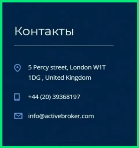 Адрес головного офиса Форекс дилера ActiveBroker, размещенный на официальном web-сервисе данного ФОРЕКС брокера